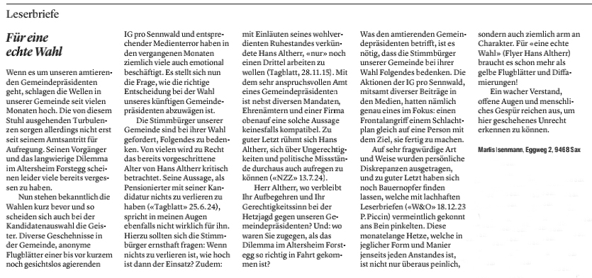 Leserbrief vom 14. September 2024 zur Wahl
