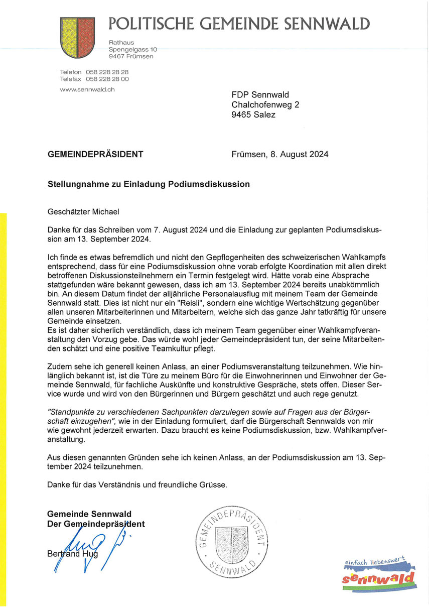 Stellungnahme zur Teilnahme am Wahlpodium